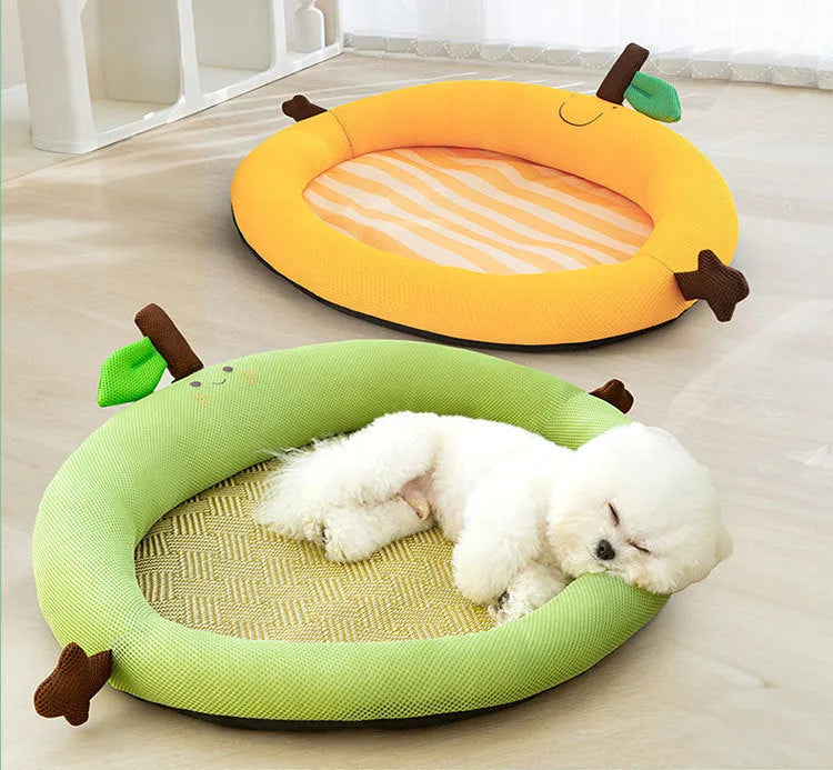 Green fruit backrest dog nest bed on a wooden floor, showing its cotton linen material and size scale.
