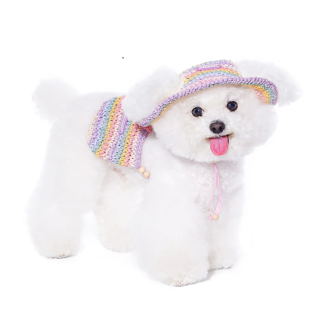 Woven paper sun hat for small dogs with travel bag, casual summer style, S and M sizes