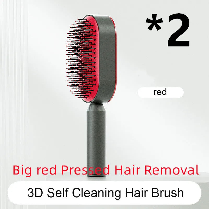 Self-cleaning air cushion hair brush in white, black gold, or black purple with ergonomic handle