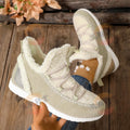 Women's mid-top snow boots in beige, black, and dark brown with cotton upper and PU sole