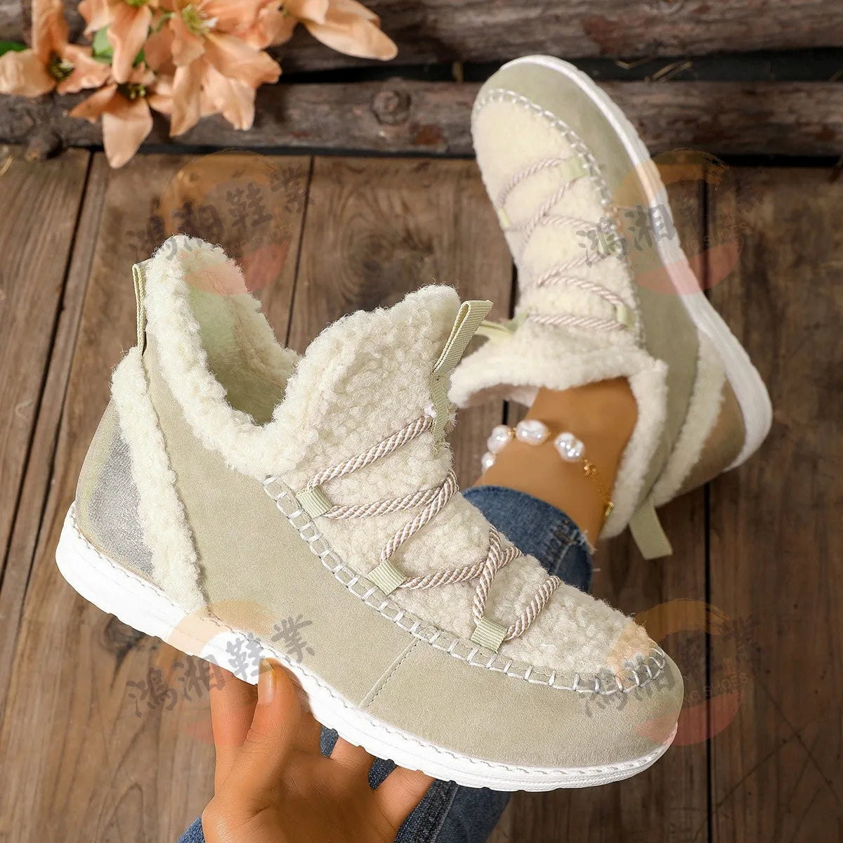Women's mid-top snow boots in beige, black, and dark brown with cotton upper and PU sole