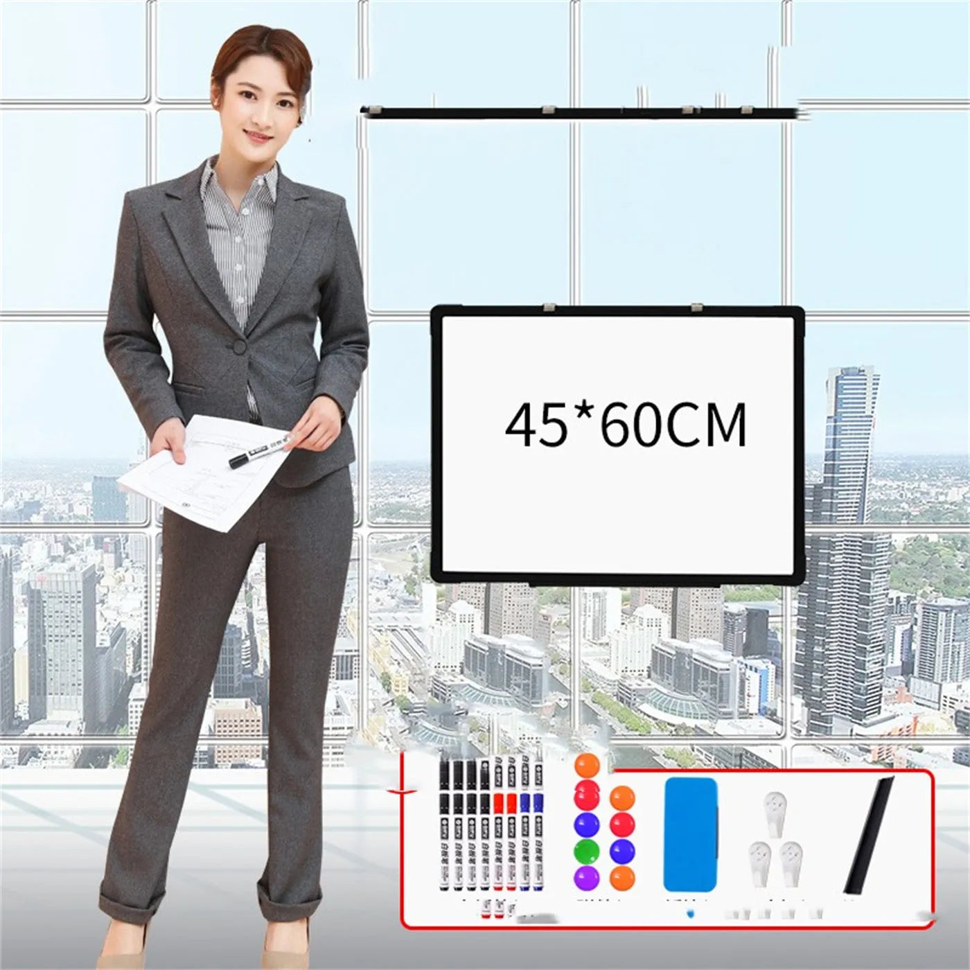 Hanging message display whiteboard 45x60CM with black frame and accessory gift pack including pens, magnets, and eraser