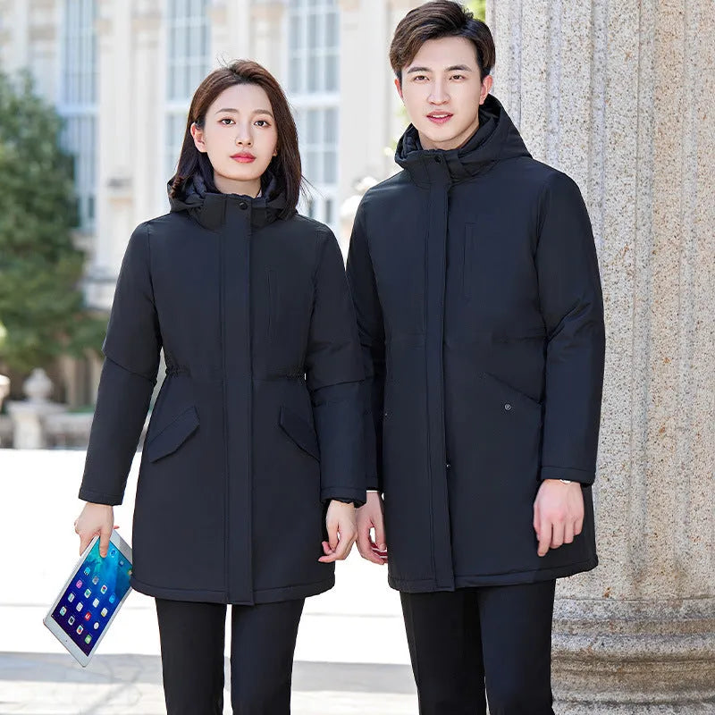 Unisex thick padded black polyester fibre parka with cinched style and pockets for winter warmth