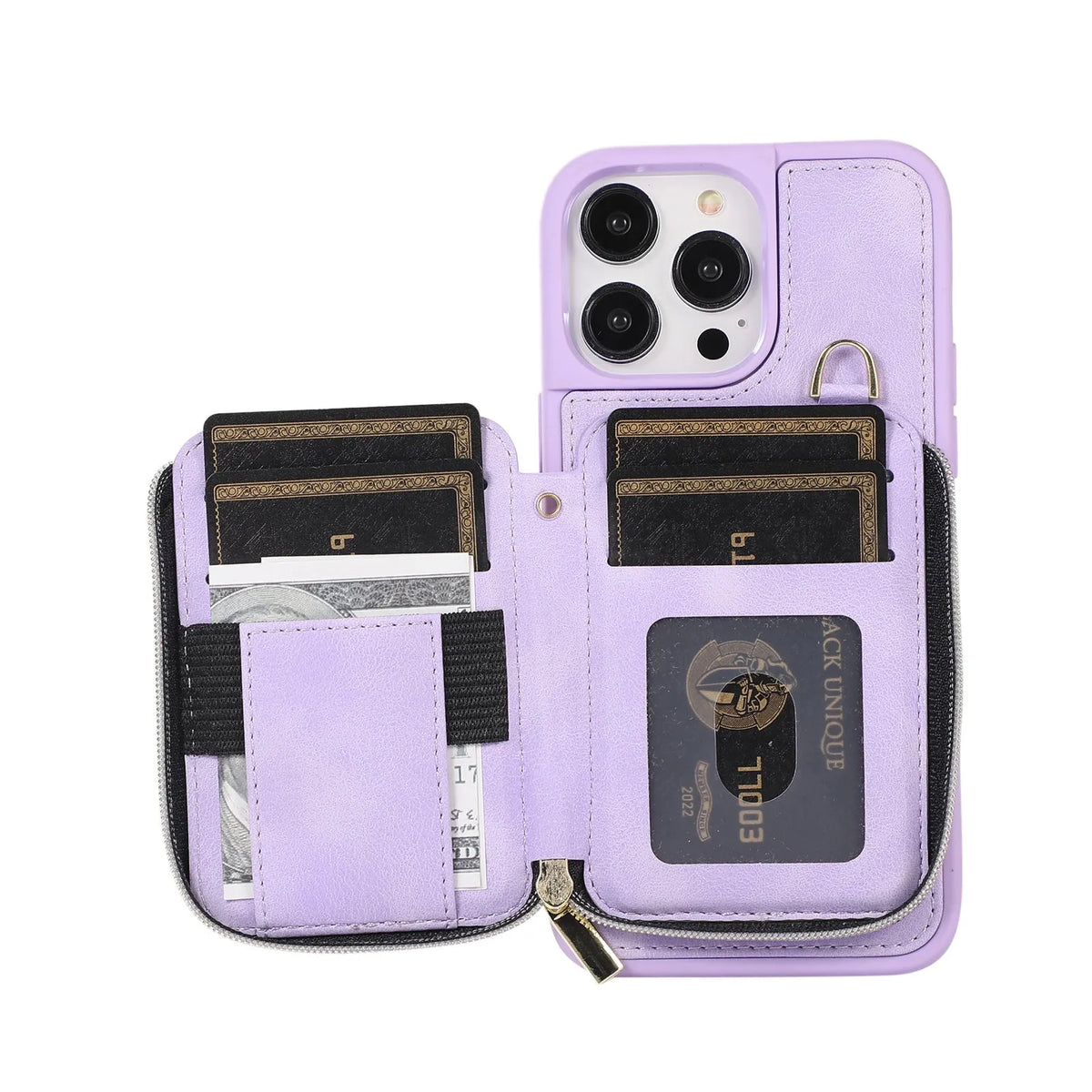 Leather wallet phone case with card holder, bracket and lanyard in pink, purple, wine red, brown, green or black
