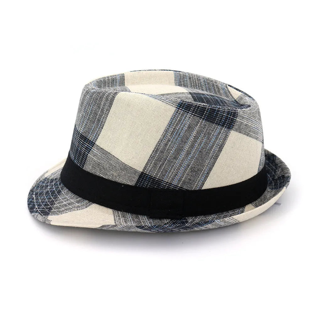 A black and blue polyester sun hat with a wide brim and bell crown for outdoor sun protection.