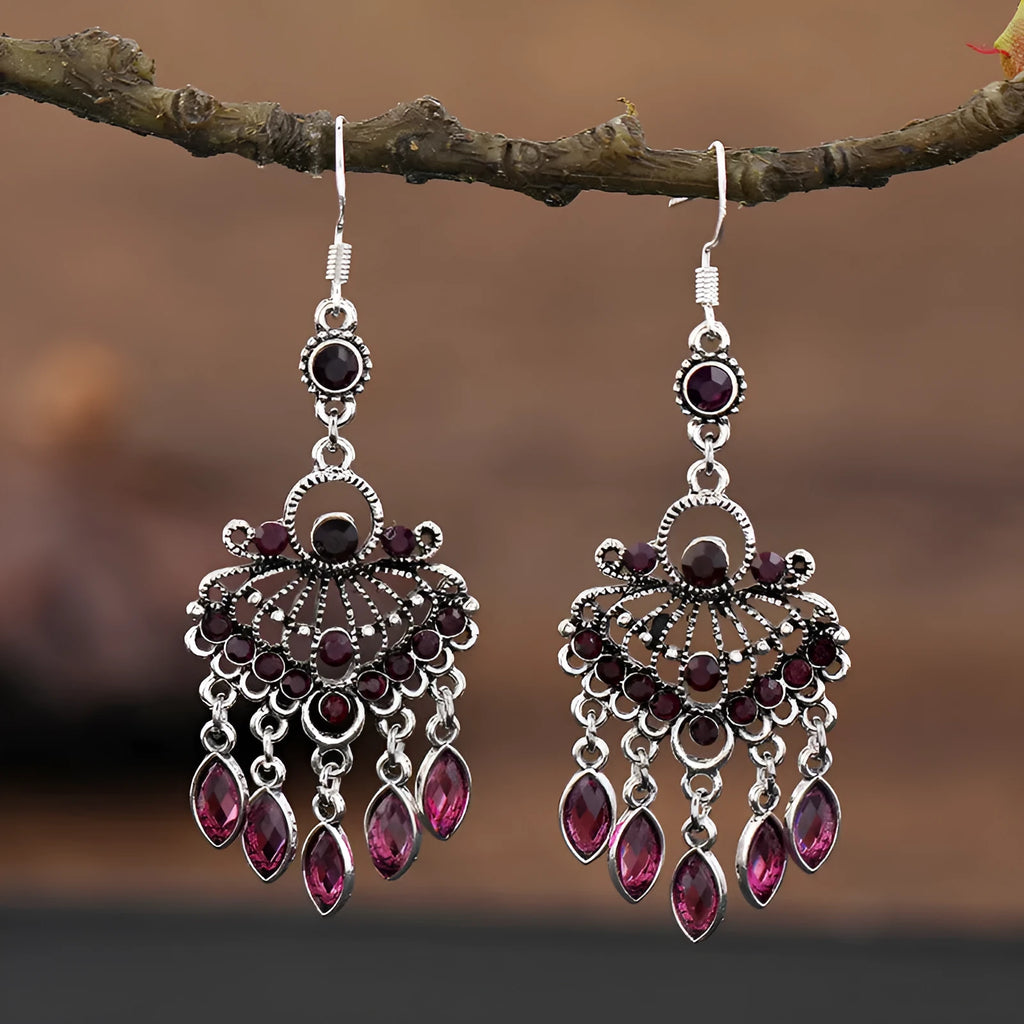 Purple retro court crystal long fringe drop earrings with ethnic style alloy construction