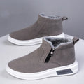 Men's winter snow boots with side zipper, plush lining, cotton upper and wear-resistant rubber outsole in black or grey.