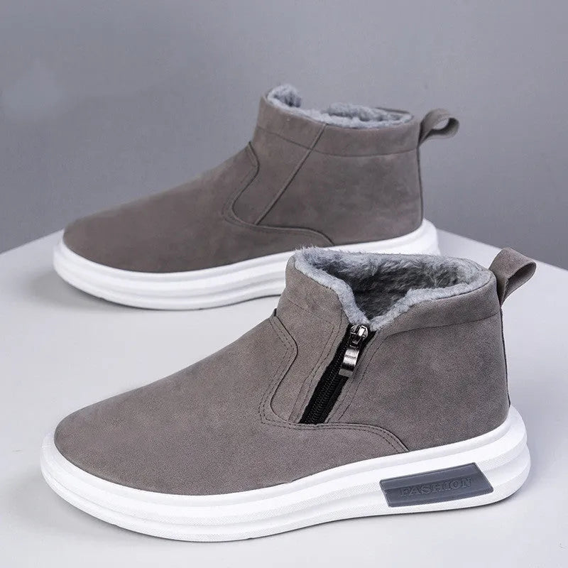 Men's winter snow boots with side zipper, plush lining, cotton upper and wear-resistant rubber outsole in black or grey.