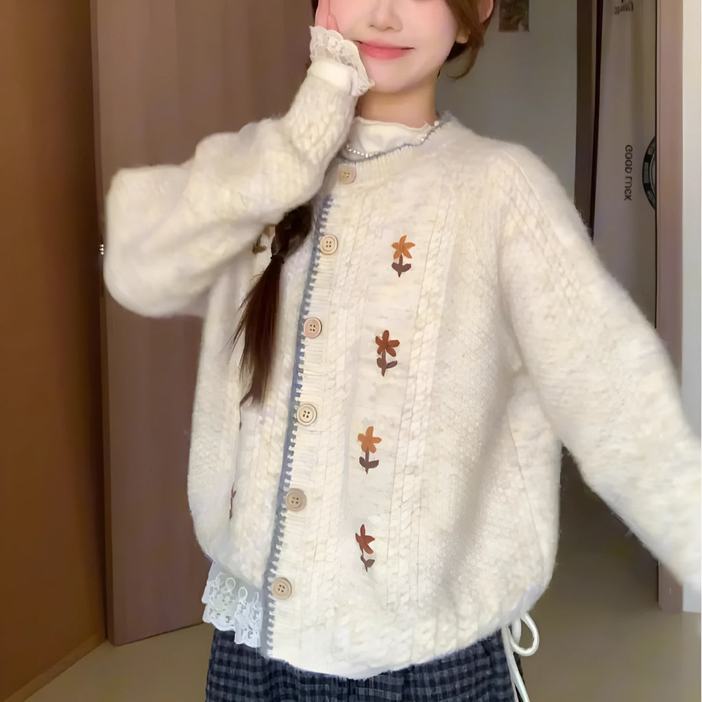 Japanese style oatmeal flower knitted cardigan for women with round neck, long sleeves and button front