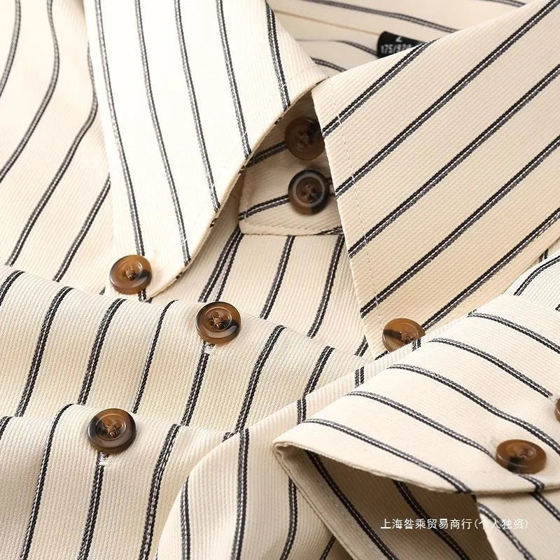 Coffee coloured striped men's long-sleeved shirt with a slim fit, shown on a hanger.