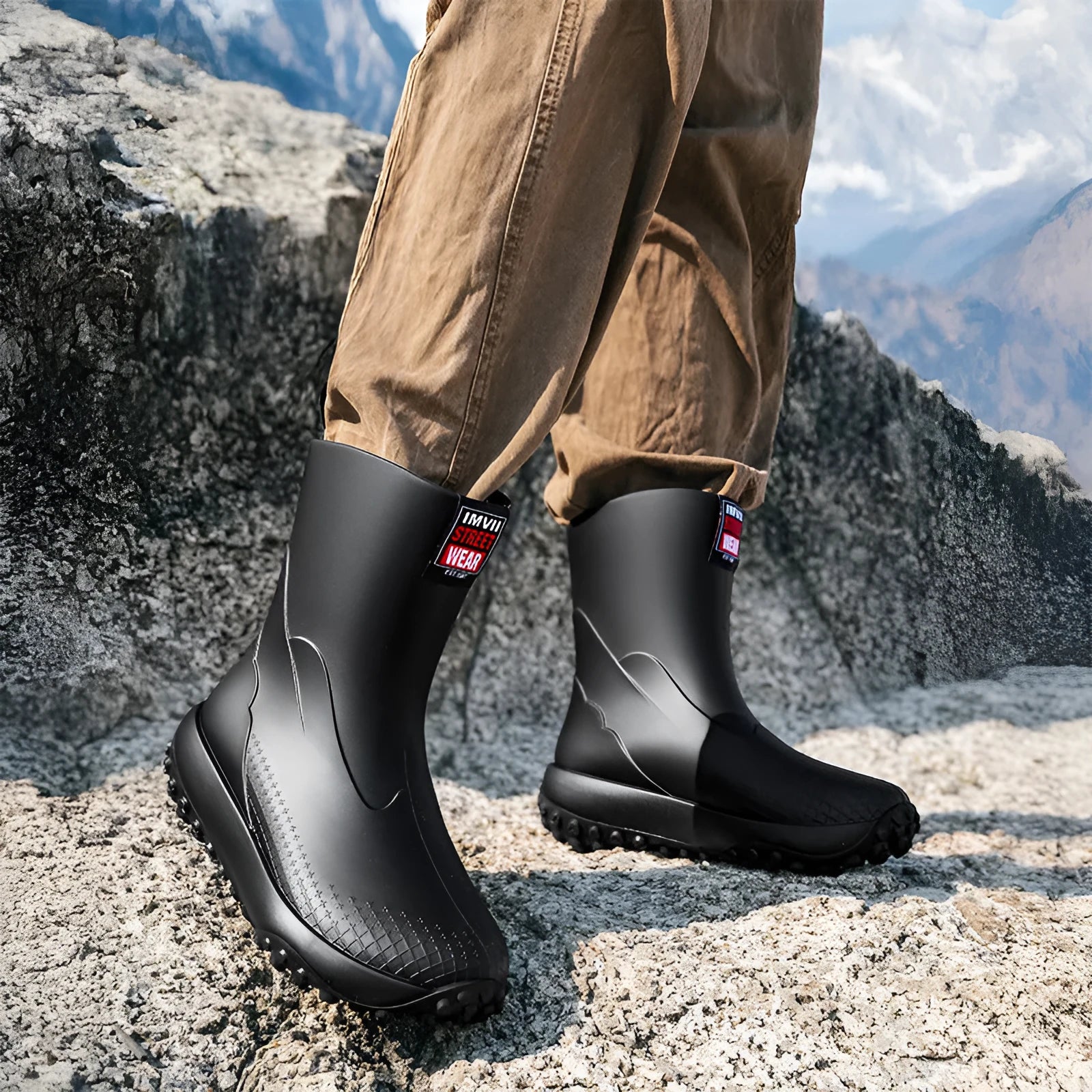 Men's mid tube PVC rain boots in beige colour with round toe and flat heel design
