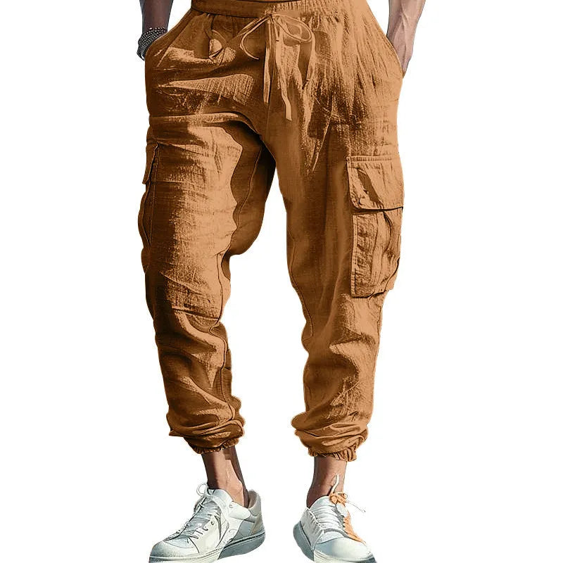 Men's casual ankle-tied linen trousers in Army Green colour showing multi-pocket design