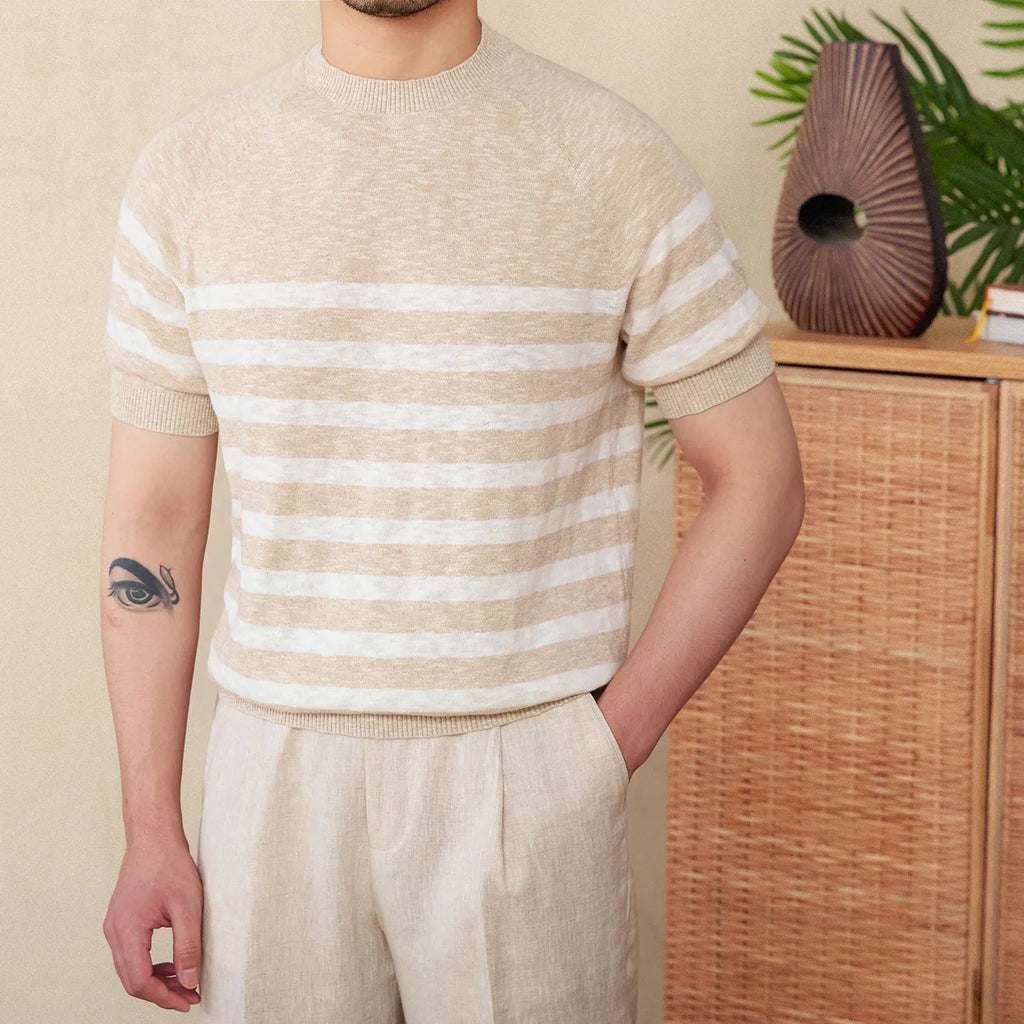 Linen cotton blend stripe t-shirt in coffee colour with round neck and short sleeve design