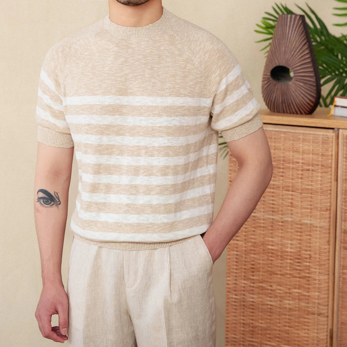 Linen cotton blend stripe t-shirt in coffee colour with round neck and short sleeve design