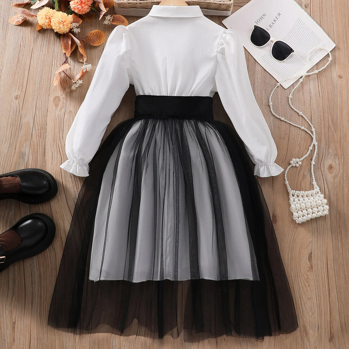 Girls mesh stitching dress in solid colour polyester, available in black and brown for heights 8Y to 12Y