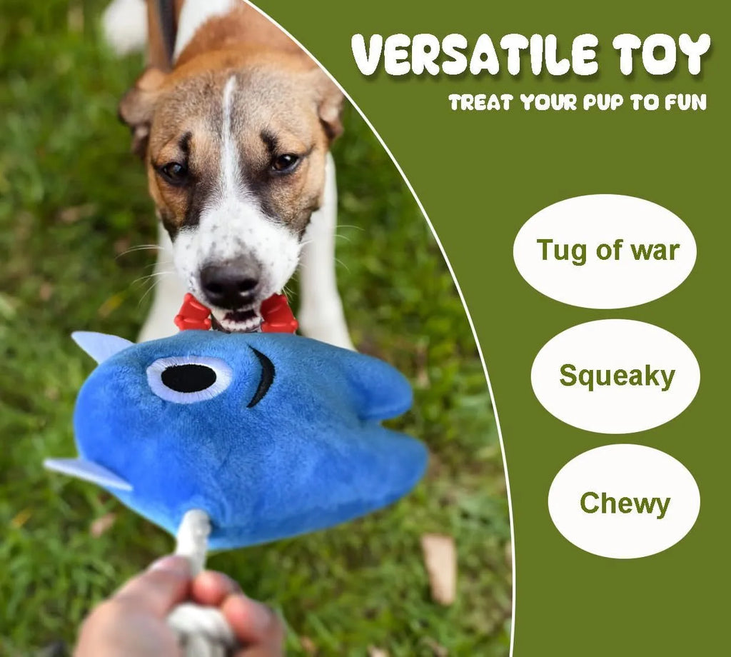 Blue and green plush dog chew toy with integrated cotton rope and squeaker.