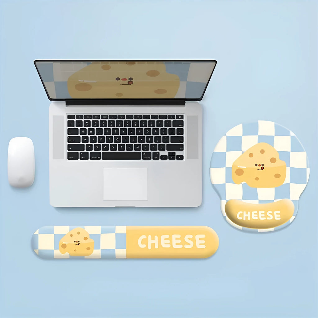 Cartoon cheese mouse pad with wrist strap support on a desk, featuring milk silk fabric and rubber base