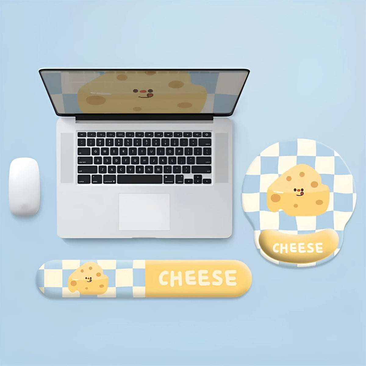 Cartoon cheese mouse pad with wrist strap support on a desk, featuring milk silk fabric and rubber base