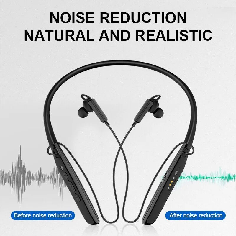 Black Bluetooth digital hearing aid with neckband, ABS body, USB power, 15 x 160 x 181mm