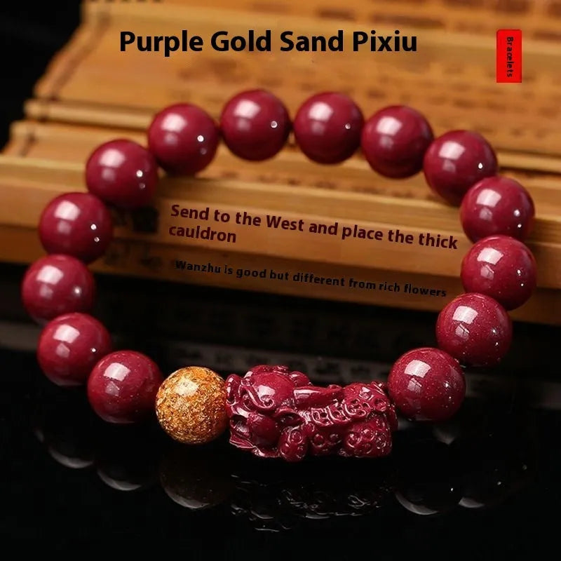 Purple gold sandstone cinnabar bracelet with polished beads and totem design on wrist