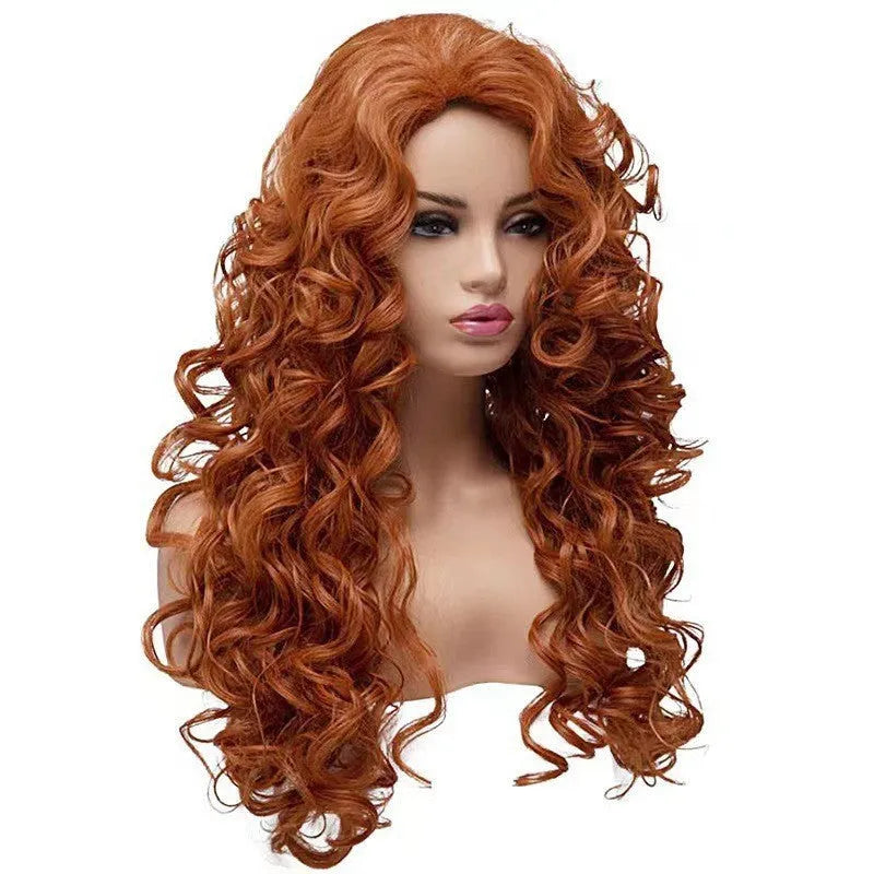 Long wavy curly brown synthetic wig with fluffy texture for Halloween cosplay.