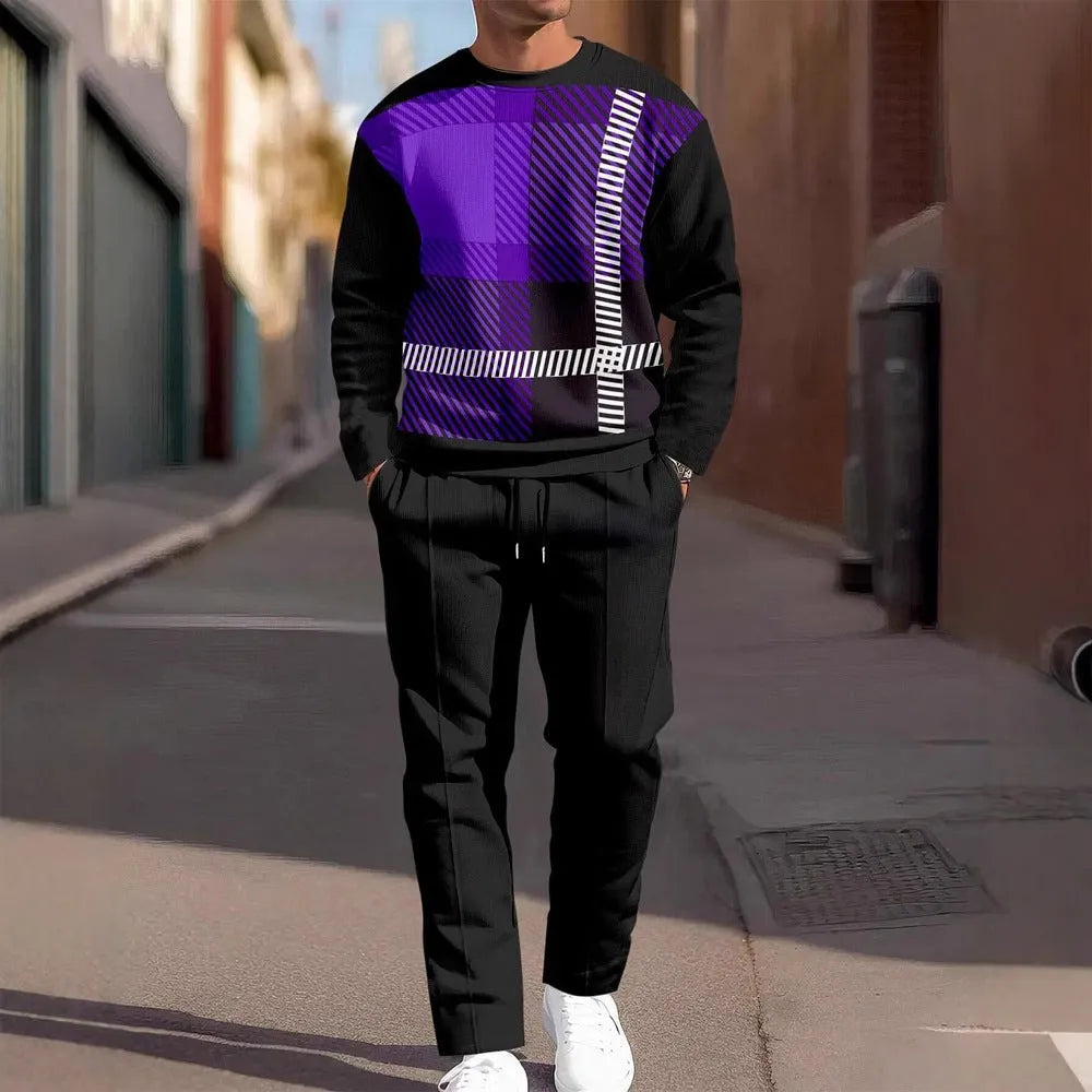 Men's casual sporty round neck sweatshirt and pants two-piece set in polyester blend, long sleeves, long pants, multiple colours