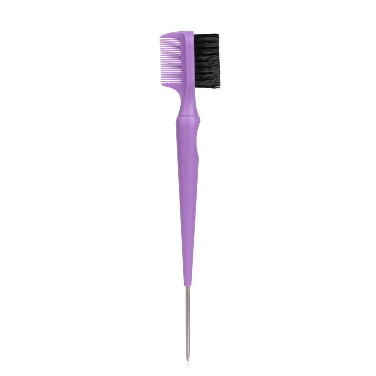 Double-headed steel needle eyebrow brush cleaner with plastic handle in black, pink, and purple colours over 20cm long