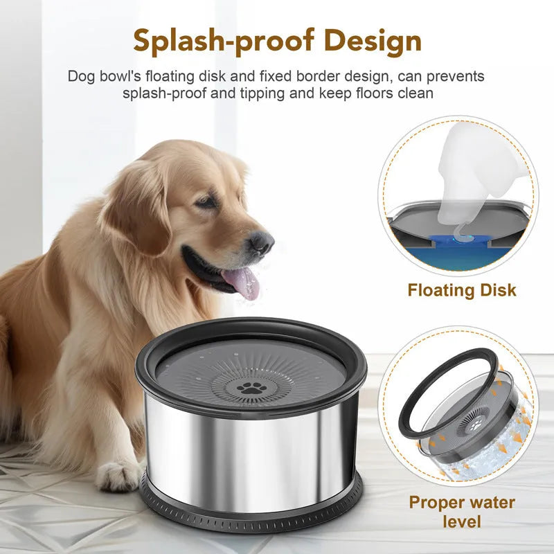 Stainless steel large capacity pet water bowl with non-slip base in black, 2.5L capacity