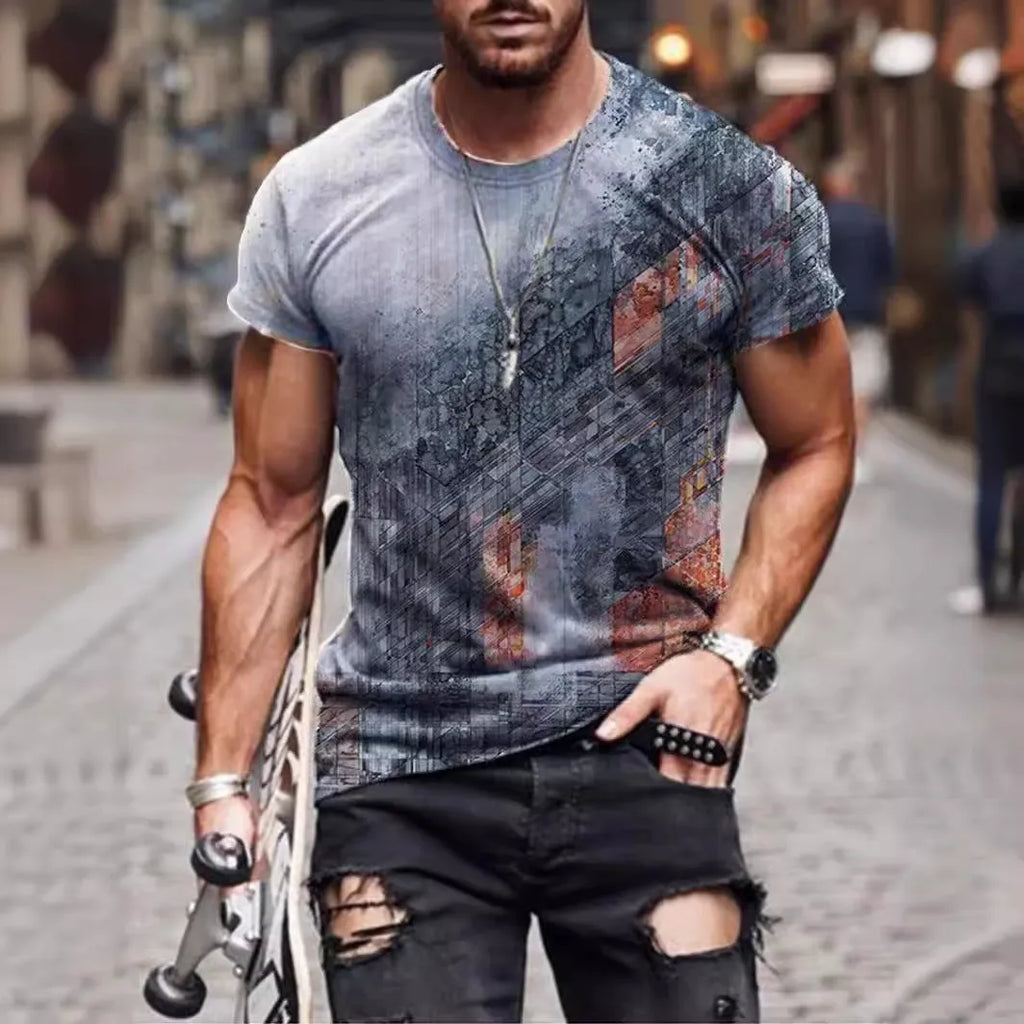 Men's loose fit short-sleeve T-shirt with a digital camouflage print on milk silk fabric.