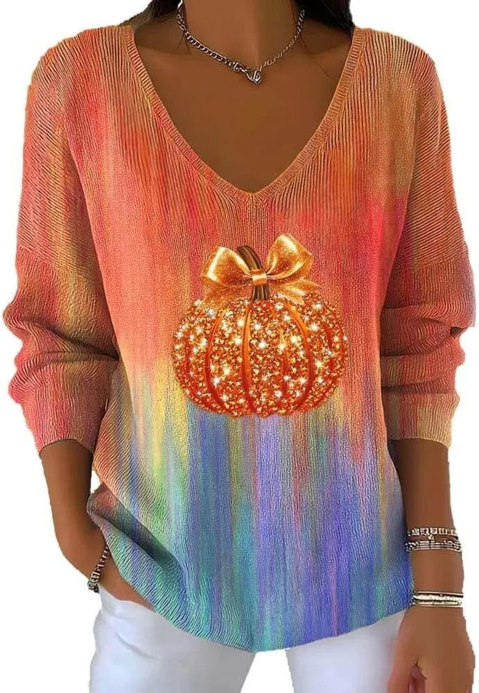 Women's V-neck long sleeve pullover top with 3D digital print and contrast colour in street fashion style