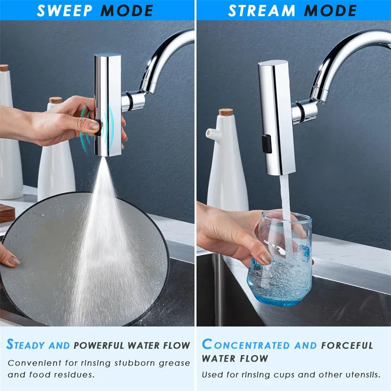 Kitchen faucet waterfall outlet connector with rotating bubbler and electroplated finish