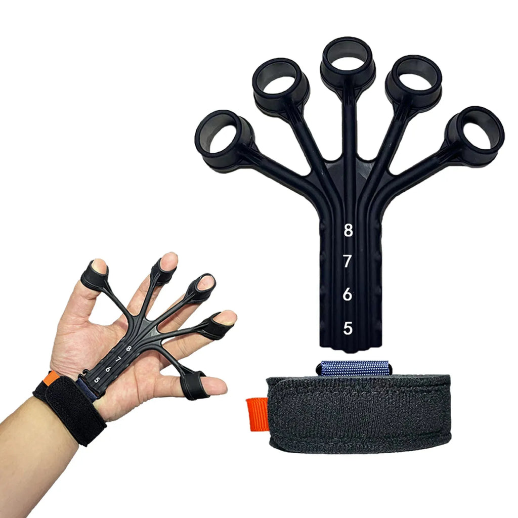 Black and grey silicone finger flexion extension trainer with adjustable elastic belts laid flat.