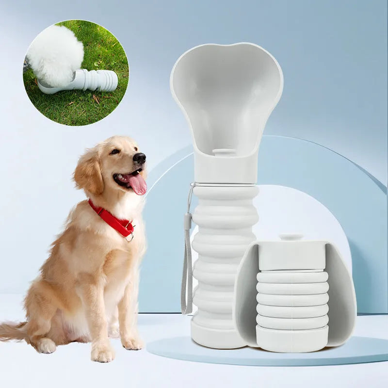 Silicone folding pet drinking cup shown collapsed and expanded for dog or cat use outdoors