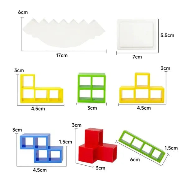 Plastic balance stacking game with colourful blocks on a chassis