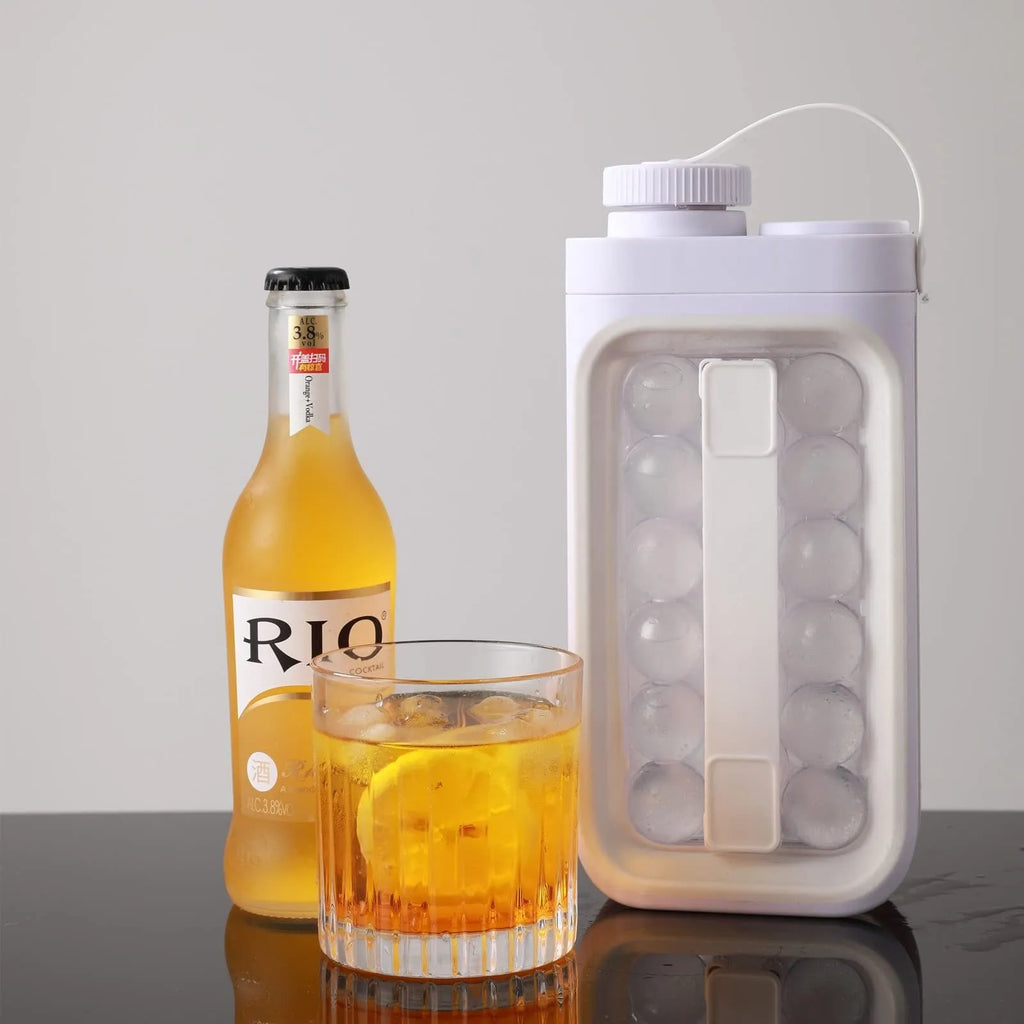 Light blue and white 2-in-1 ice ball tray and portable cold water bottle kitchen gadget.