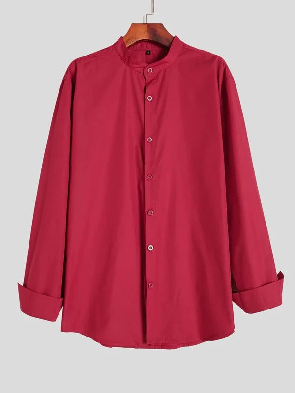 Teenage men's red stand-up collar casual shirt with traditional Chinese style mandarin collar