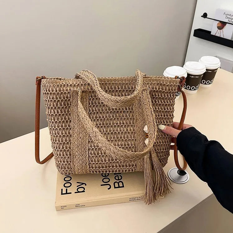 Women's woven straw crossbody shoulder bag in milky white colour with large capacity design