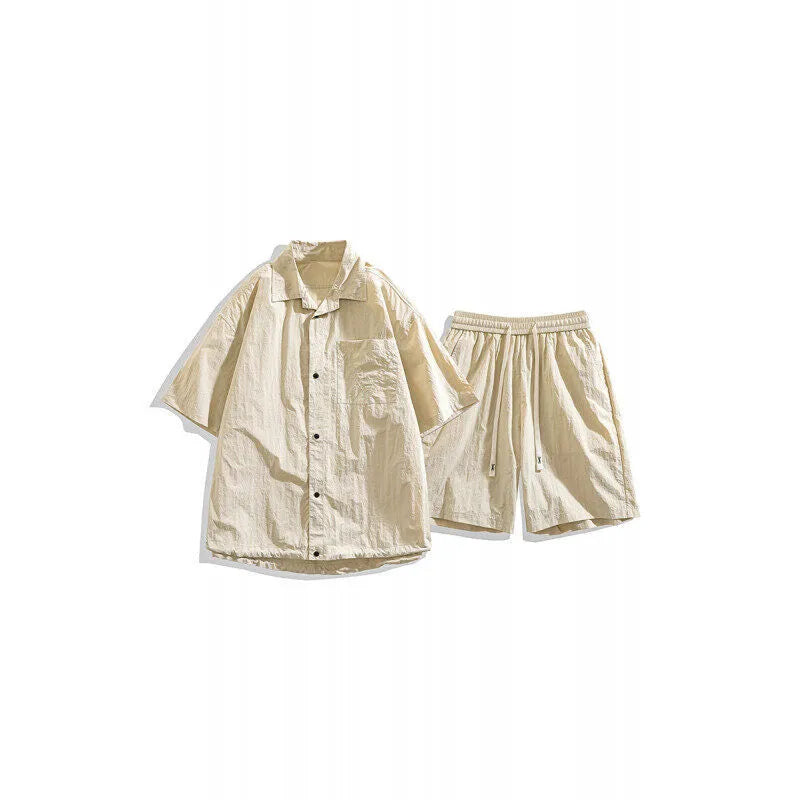 Men's casual two-piece set showing shirt and shorts in nylon blend fabric