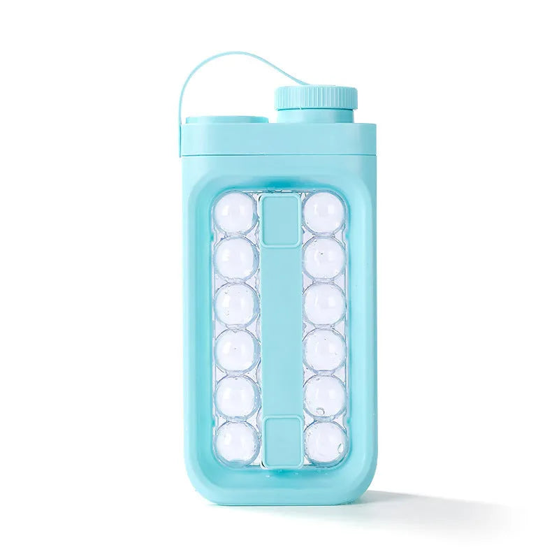 Light blue and white 2-in-1 ice ball tray and portable cold water bottle kitchen gadget.