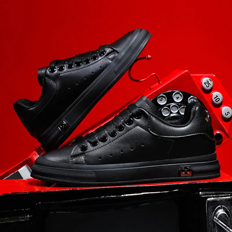 Men's height increasing leisure sneakers, black, 6cm hidden elevator, round toe, lace-up front