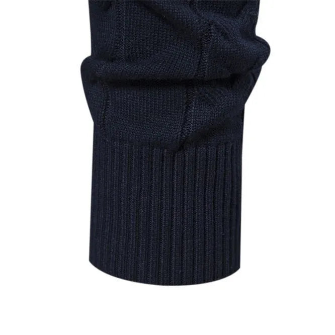 Men's half zip sweater with stand-up collar in cotton, shown in dark blue, khaki, dark grey, white, and denim blue.