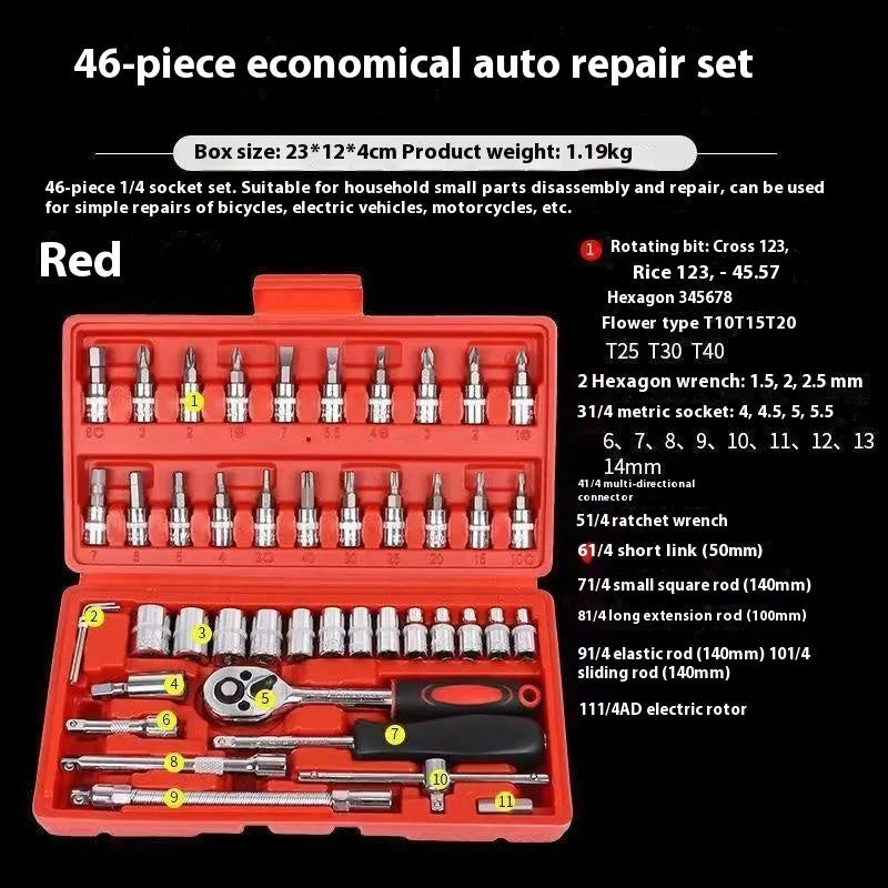 Red and black storage box containing a 53-piece socket wrench and ratchet spanner set for household maintenance