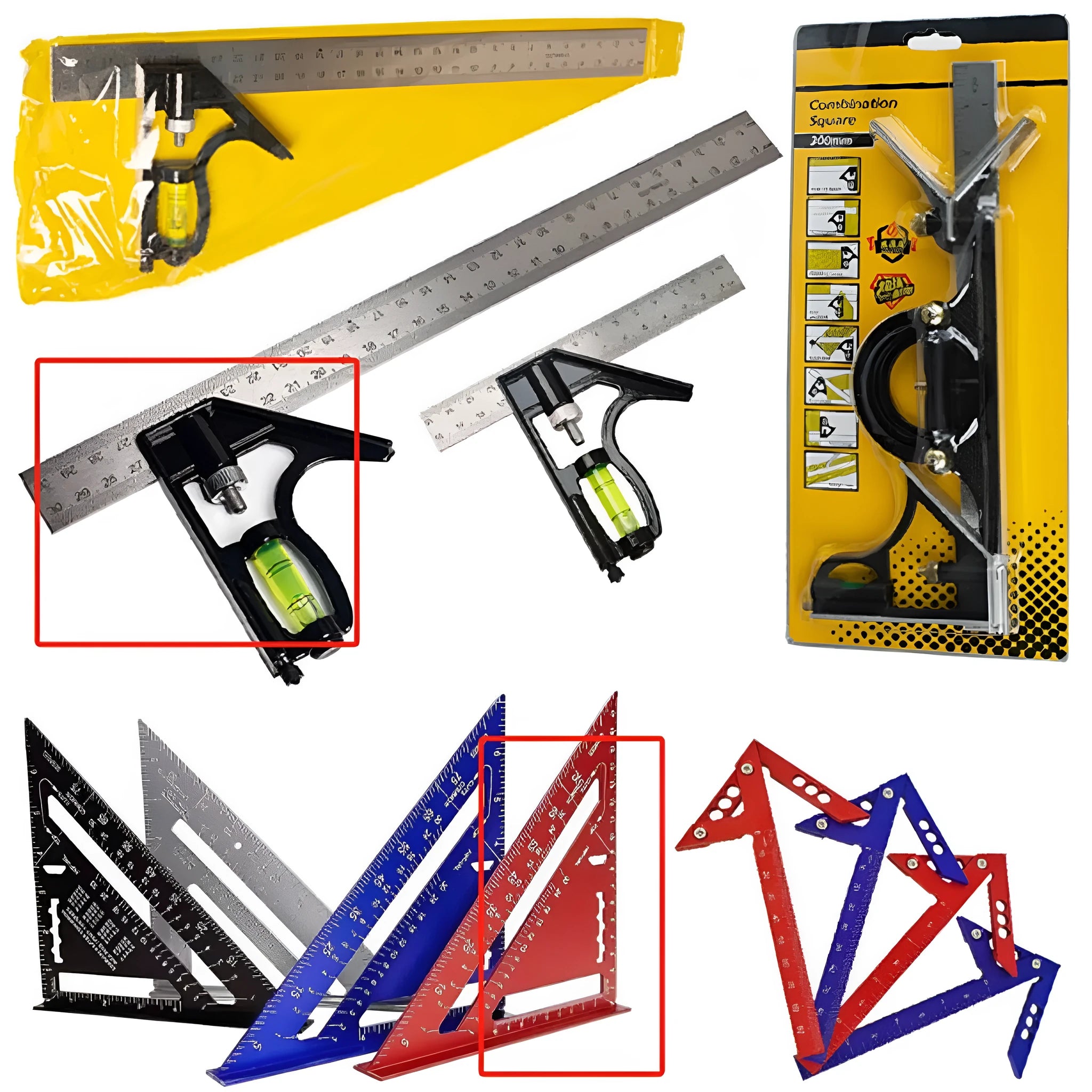 Red metal combination angle ruler set for civil surveying with two 7 inch tools and metric scale