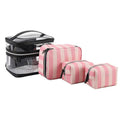 Pink bold stripes floral pattern buggy bag makeup kit with synthetic leather waterproof exterior