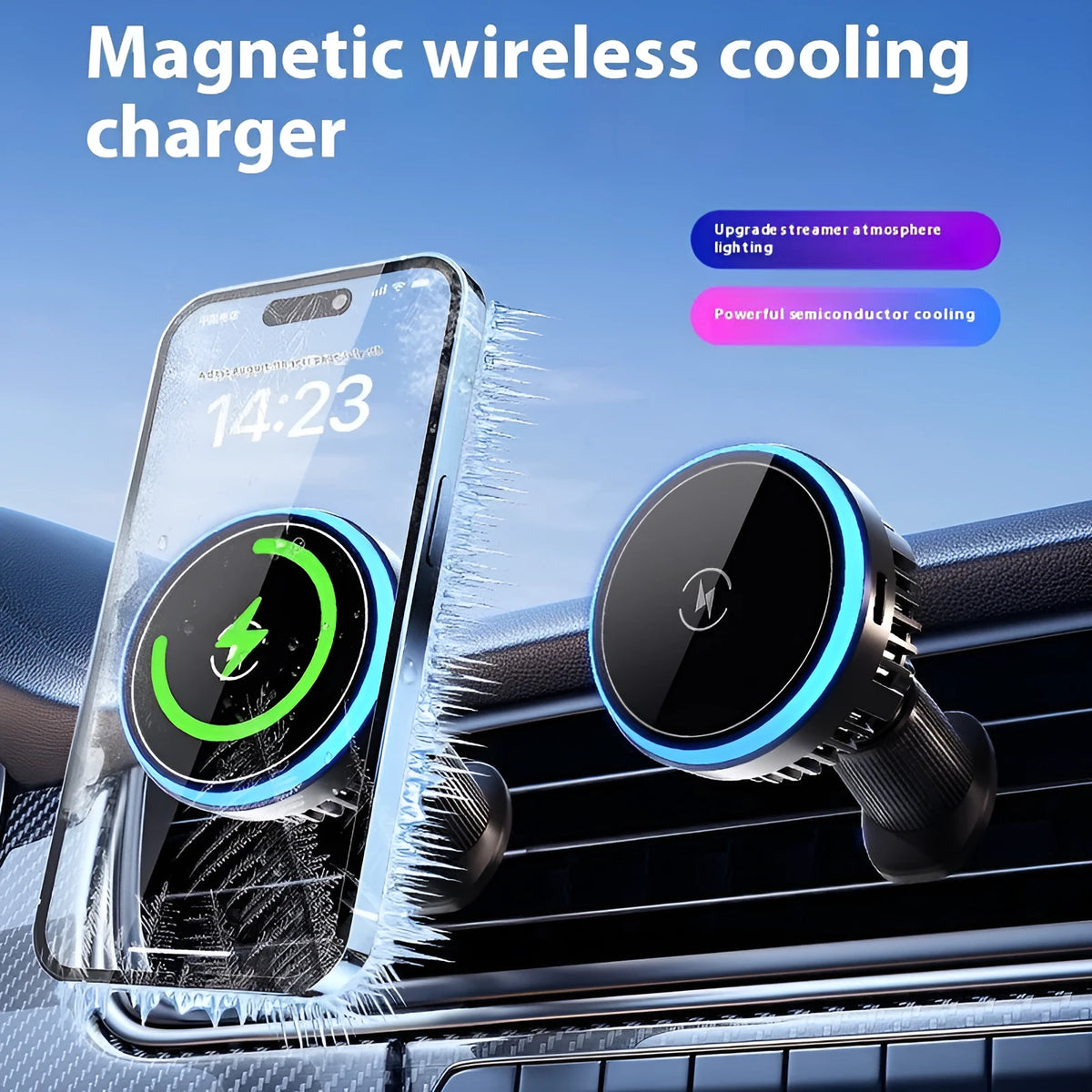 Magnetic car wireless charger navigation rack in black with Type-C input for dashboard mounting