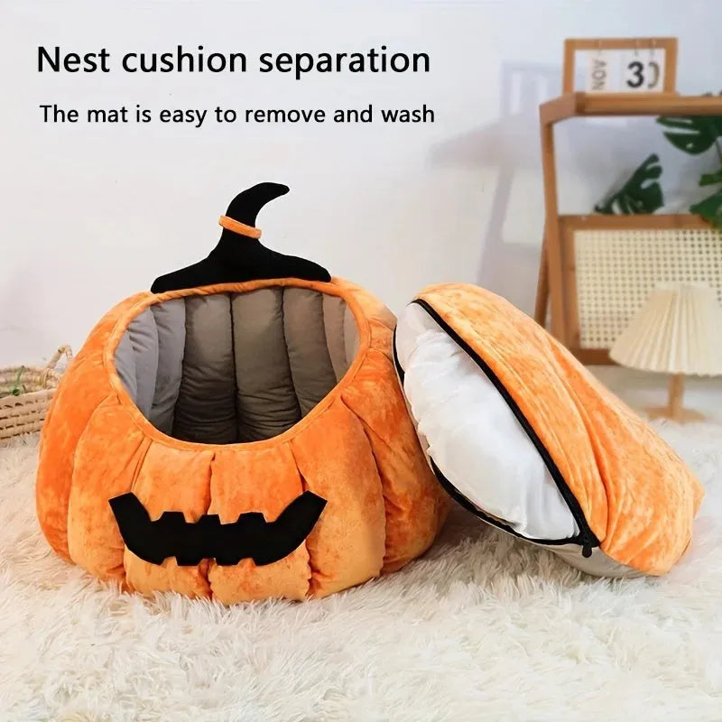 Halloween pumpkin-shaped pet bed with cartoon devil design for cats and small dogs