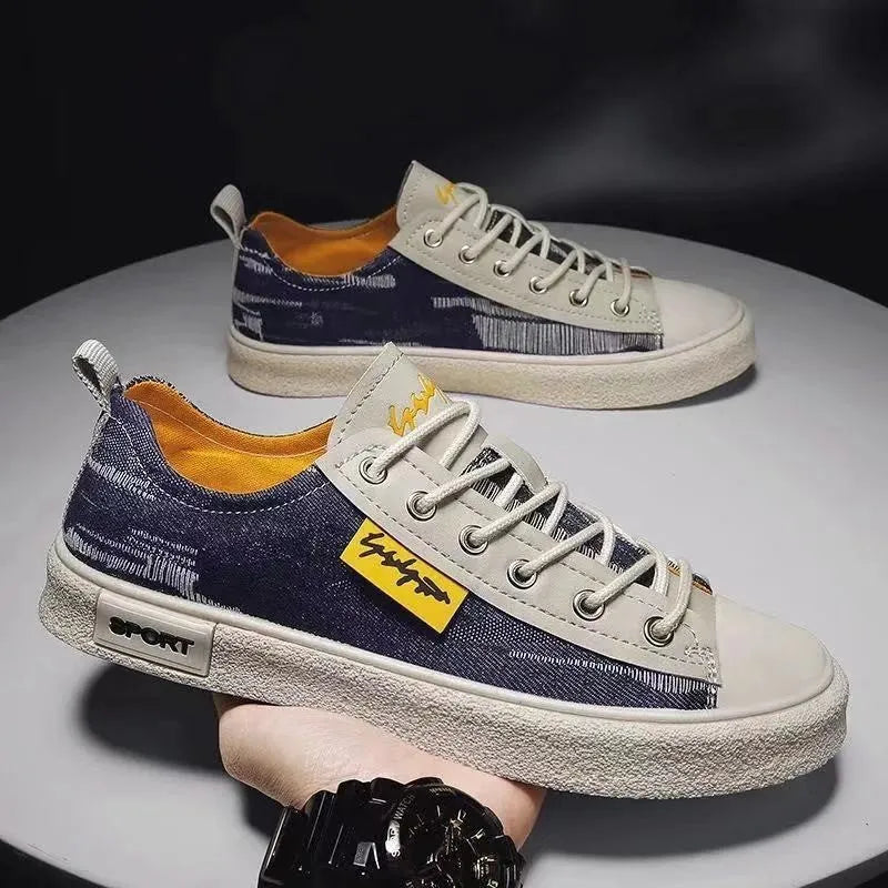Men's canvas lace-up shoes with round toe in dark blue, black and light blue colours
