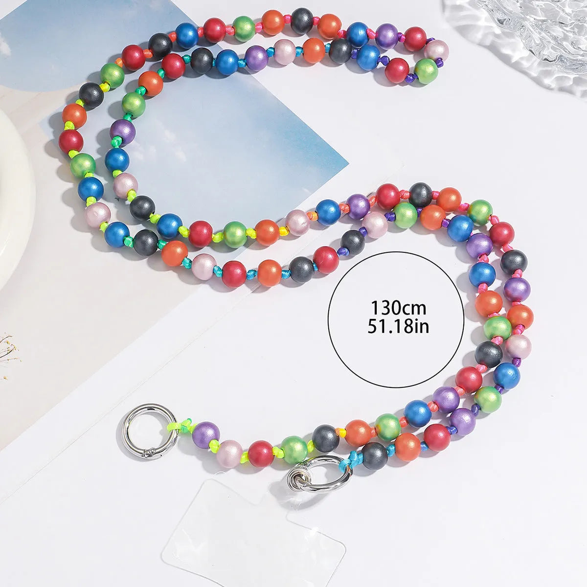 Wild color beaded mobile phone strap, stainless steel electroplated unisex chain, 81cm and above, geometric round design