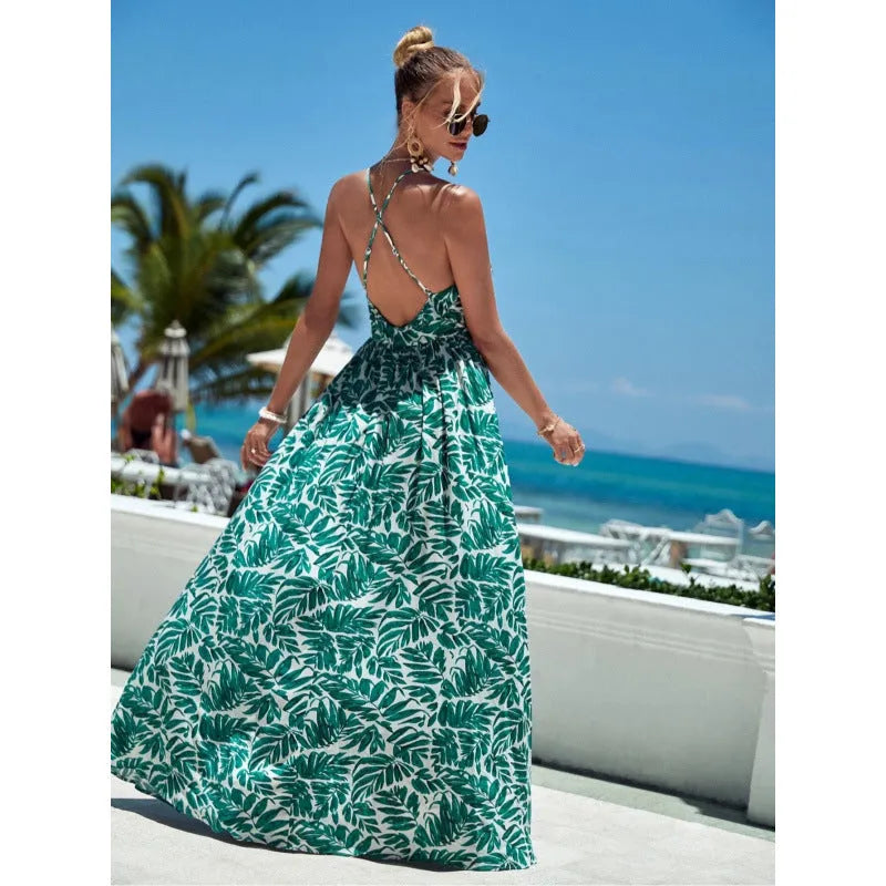 Women's solid colour green suspender long skirt with cross strap design, mid-waist, polyester fibre
