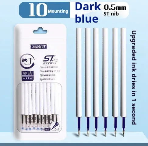 Bullet pen refill cartridges in black, red, blue, and ink blue colours showing plastic construction